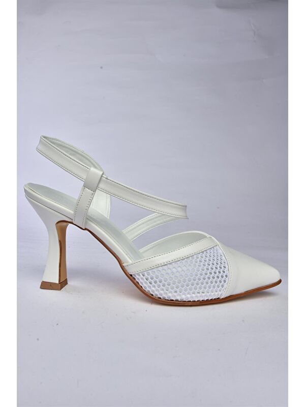 P372733109 Beyaz Kumaş Detaylı Kadın Topuklu Ayakkabı - Görsel 6