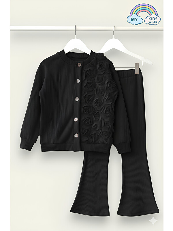 My Kids Wear Kız Çocuk Tül Gül Aplikeli Triko Hırka İkili Takım 3-10 Yaş 12301