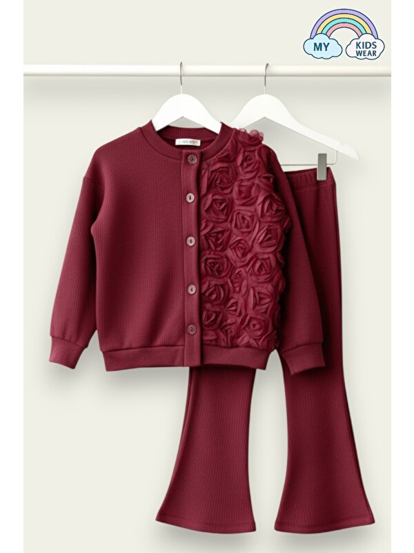 My Kids Wear Kız Çocuk Tül Gül Aplikeli Triko Hırka İkili Takım 3-10 Yaş 12298