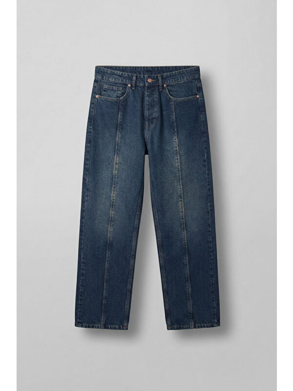 Abluka Online Erkek Ön Dikiş Detaylı Yıkamalı Baggy Jean Koyu Mavi