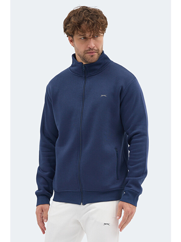 SLAZENGER MENDOZA I   Dik Yaka Cepli Lacivert Erkek Polar Fermuarlı Sweatshirt Hırka