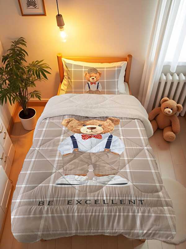 Evmila Tek Kişilik Teddy Desen 160x220 Cm Welsoft Çift Taraflı Silikon Yorgan Ve Uyku Seti