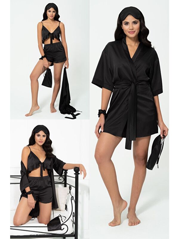 For You Moda 6'lı Sabahlıklı Siyah Saten Pijama Şort Takımı