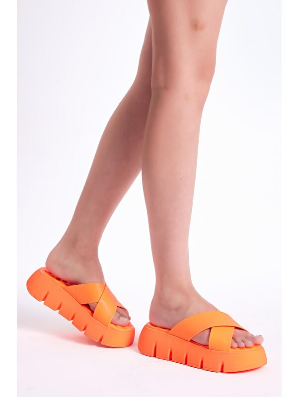 Kadın Oranj Çapraz Bantlı Yüksek Taban Terlik - Görsel 4