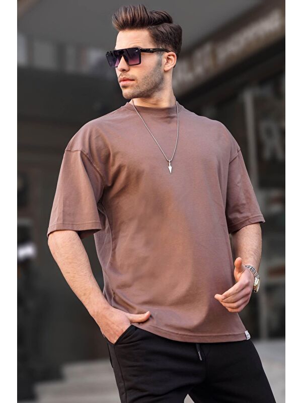 Madmext Erkek Kahverengi Oversize Fit Basic %100 Pamuk Tişört 6066
