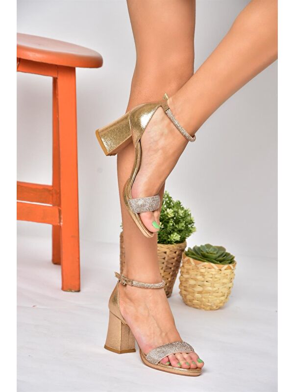 M348271114 Bronz Suni Deri Kalın Topuklu Kadın Abiye Ayakkabı - Görsel 6