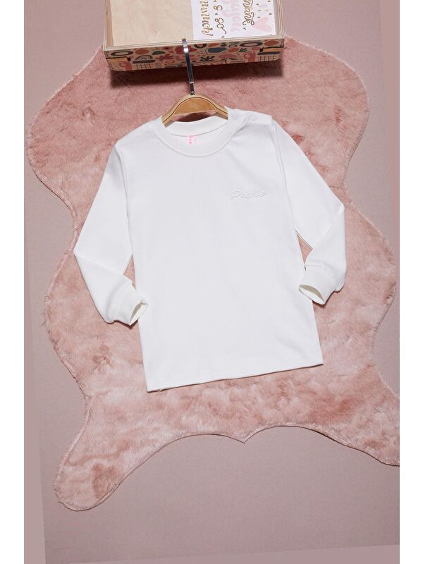 Pembe Life Kids Club Ekru Yazı Nakışlı Kız Çocuk Çıtçıtlı Sweatshirt 16417