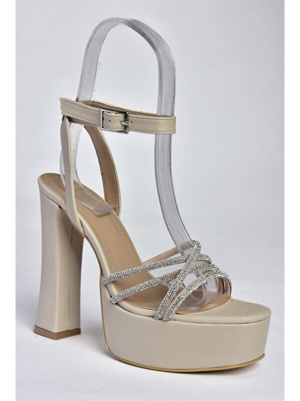 P404560404 Bej Kumaş Platform Topuklu Kadın Abiye Ayakkabı - Görsel 6