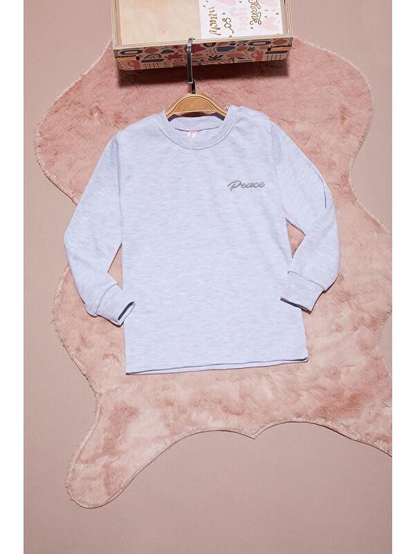 Pembe Life Kids Club Gri Yazı Nakışlı Kız Çocuk Çıtçıtlı Sweatshirt 16423