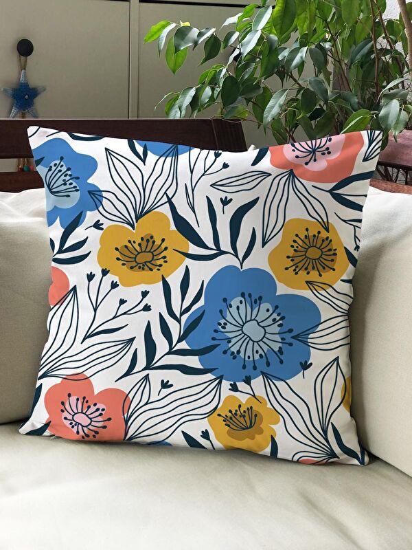 Evmila Kadife Doku Çift Taraf Baskılı Çiçek Desen 43x43 cm Tekli Kırlent Kılıfı