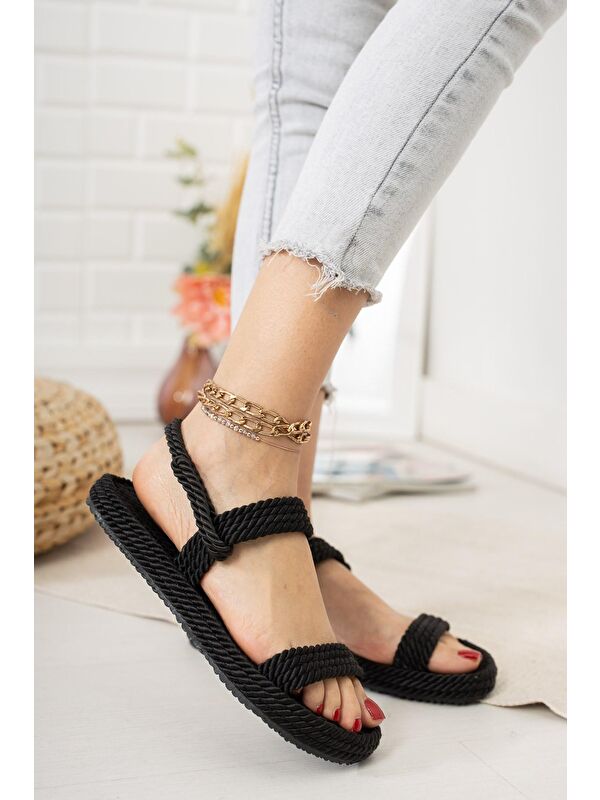 Siyah Halat İpli Hasır Kadın Sandalet K596012104 - Görsel 3