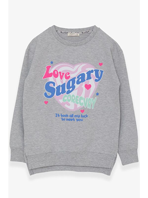 Breeze Kız Çocuk Sweatshirt Yazı Baskılı Yırtmaçlı Açık Gri Melanj (9-12 Yaş)