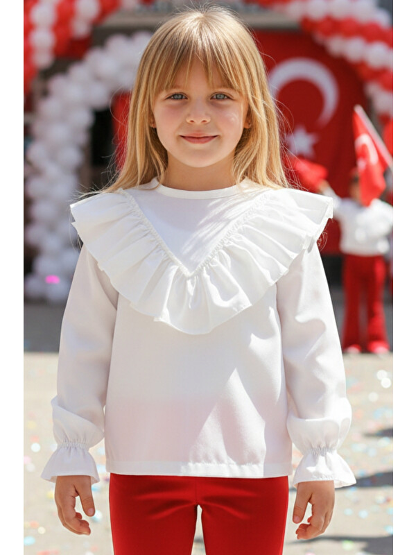Parla Kids Kız Çocuk Ekru V Fırfırlı Uzun Kollu Bluz Gömlek Body 29 Ekim Gösteri Kıyafeti