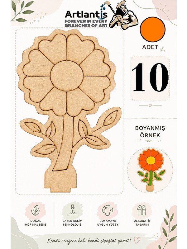 Artlantis Ahşap Boyama Çiçekler 10 Adet 10x15cm Boyama Figürü Etkinlik Çocuk Gelişim Motor Beceri