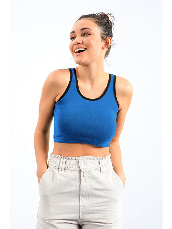 Tommylife Turkuaz Basic Sıfır Kol Dar Kalıp U Yaka Kadın Crop Top Atlet - 97162