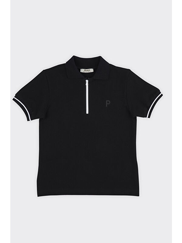 Panço Unisex Çocuk Kısa Kollu Siyah Polo Yaka Tişört