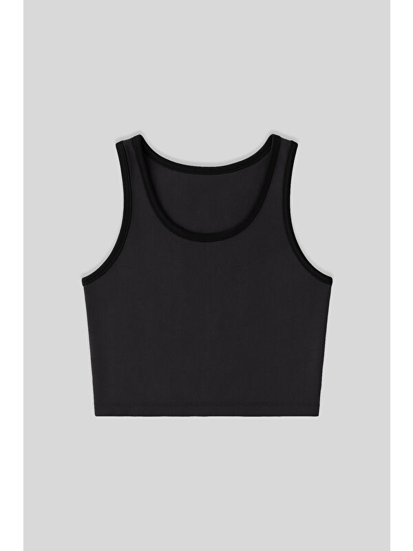 Tommylife Antrasit Basic Sıfır Kol Dar Kalıp U Yaka Kadın Crop Top Atlet - 97162