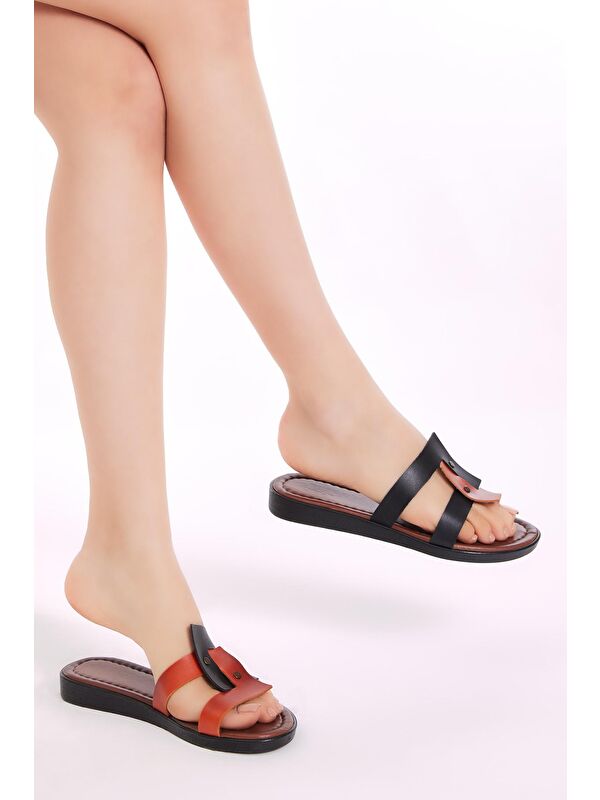 Kadın Siyah Oranj Rahar Kalıp Çift Bantlı Terlik - Görsel 3