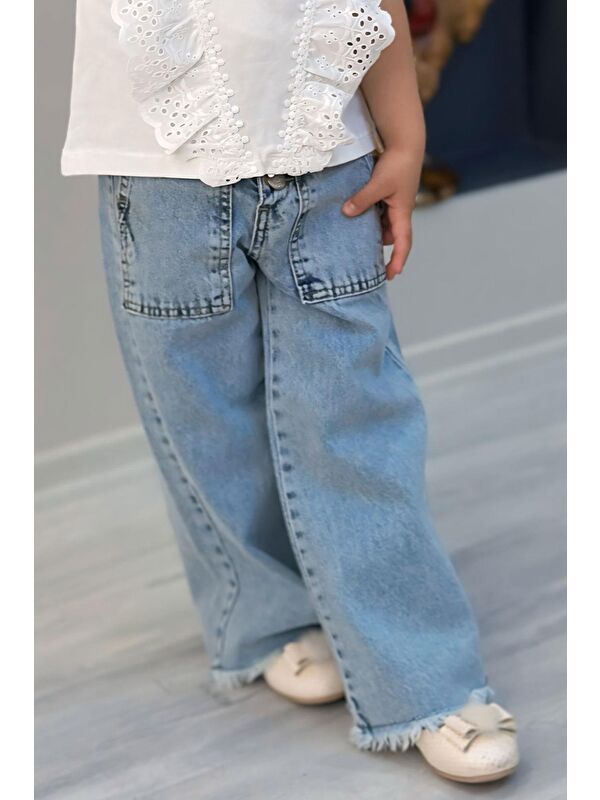 Breeze Kız Çocuk Jean Pantolon Geniş Paça Düğmeli Paçası Püskül Detaylı Açık Mavi (5-9 Yaş)