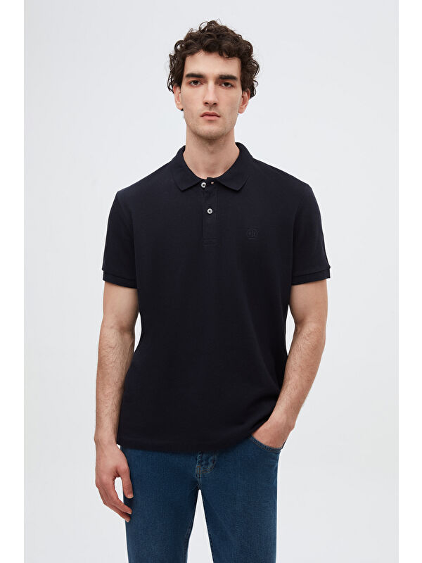 D'S damat Regular Fit Lacivert %100 Pamuklu Kıvrılmaz Polo Yaka Nakışlı Tişört