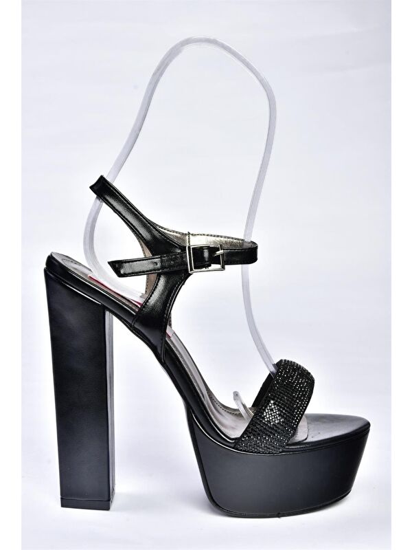 M348004859 Siyah Suni Deri Yüksek Topuklu Kadın Abiye Ayakkabı - Görsel 6