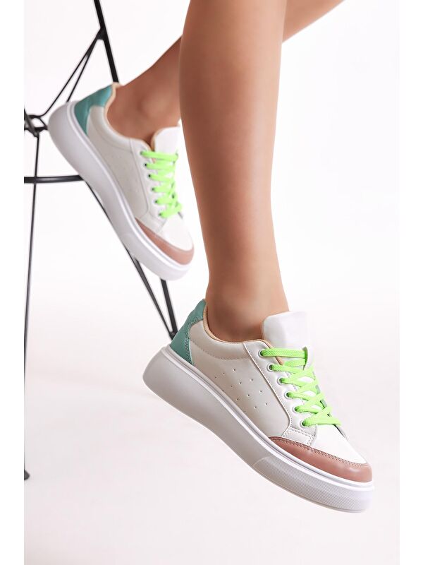 Kadın Beyaz Yeşil Poli Taban Bağcıklı Spor Ayakkabı - Görsel 4