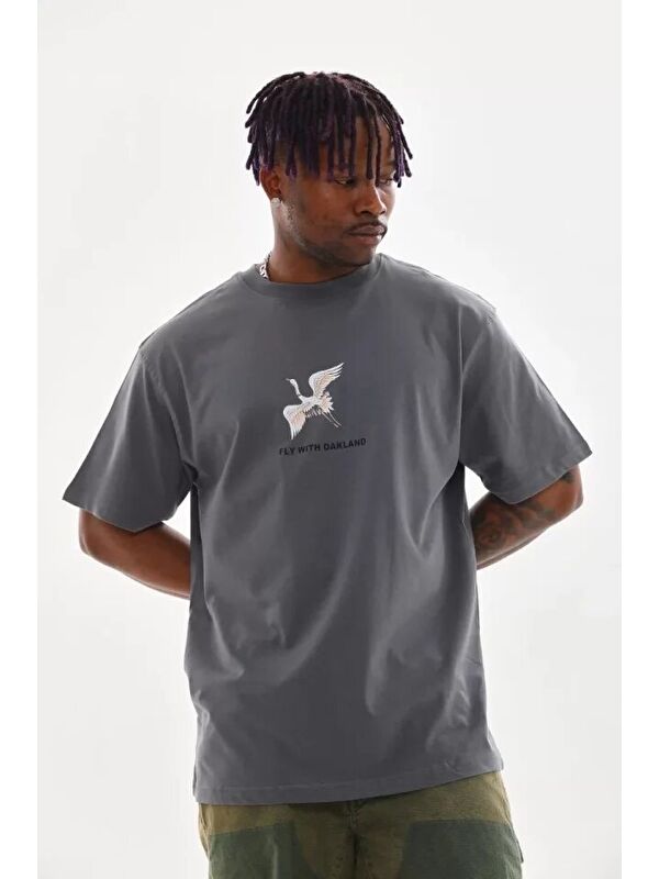 Jane's Unisex Baskılı Oversize T-Shirt - Füme