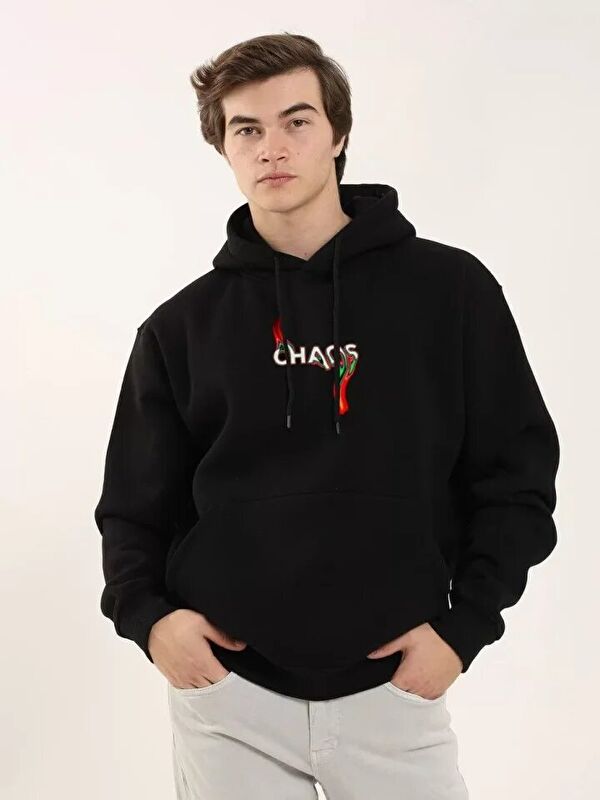 Jane's Unisex Baskılı Oversize Üç İplik Kapüşonlu Sweatshirt - Siyah