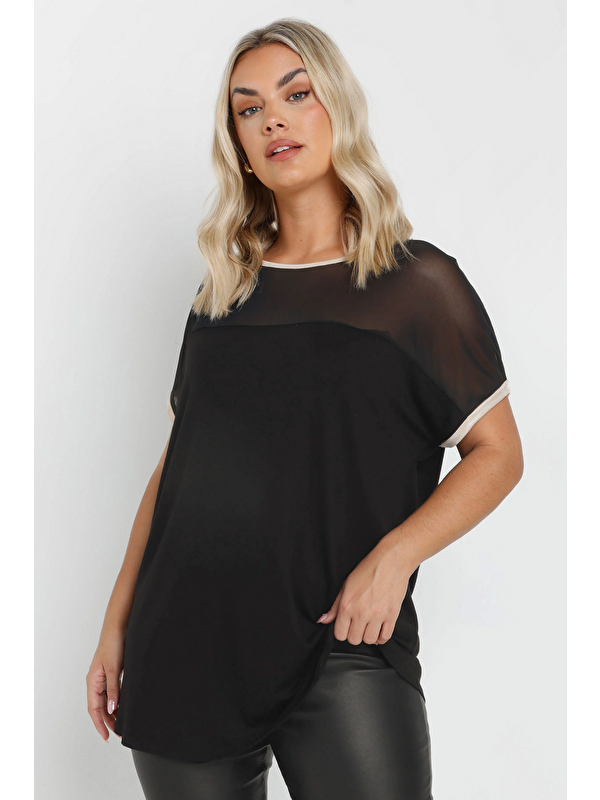 Stil Diva Büyük Beden Bisiklet Yaka Kısa Kollu Yakası Tül Detaylı Bluz 303847
