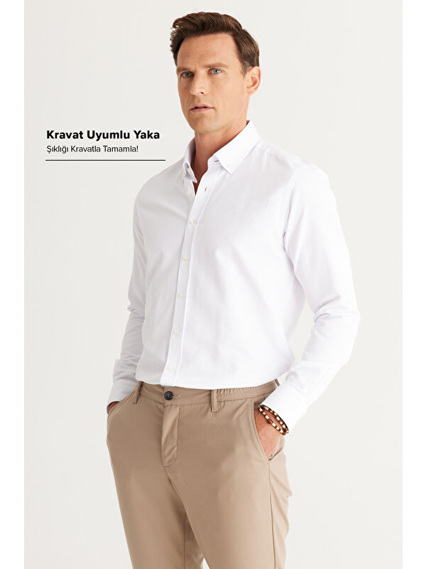 AC&Co / Altınyıldız Classics Erkek Beyaz Slim Fit Dar Kesim Oxford Düğmeli Yaka Armürlü Pamuklu Gömlek