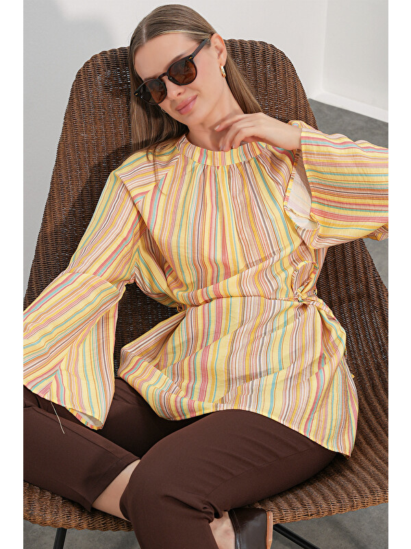 Bigdart Kadın Çizgili Bağcıklı Oversize Tunik 50009 - Sarı