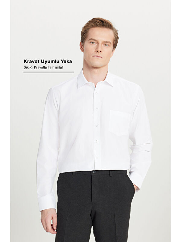 AC&Co / Altınyıldız Classics Erkek Beyaz Kolay Ütülenebilir Non-Iron Pamuklu Comfort Fit Geniş Kesim Klasik Yaka Gömlek