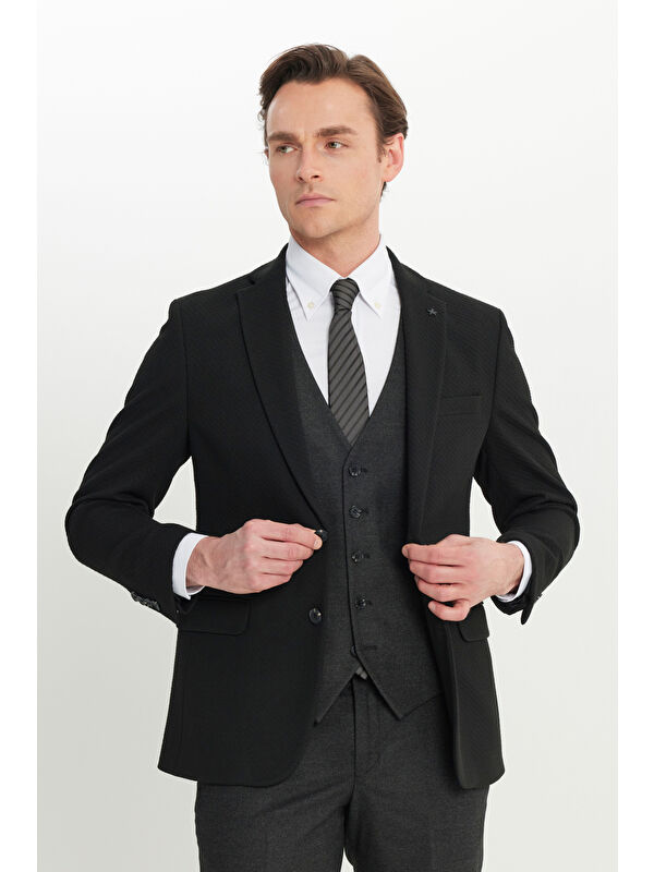 Altınyıldız Classics Erkek Siyah-Antrasit Slim Fit Dar Kesim Mono Yaka Kapak Cepli Yelekli Takım Elbise