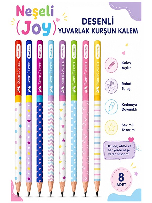 Faber-Castell Neşeli Joy Kurşun Kalem 8 Adet Yuvarlak Gövdeli Siyah Kurşun Kalem Yumuşak Yazım