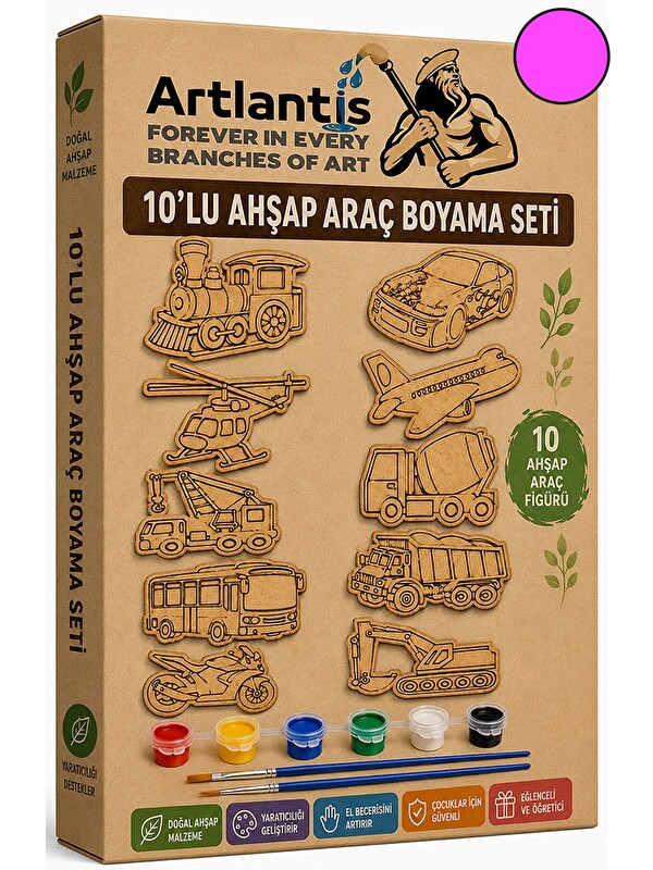 Artlantis Ahşap Boyama 10 lu 1 Paket 10x15cm Ahşap Boyama Figürü 6 Renk Boya ve Resim Fırçası