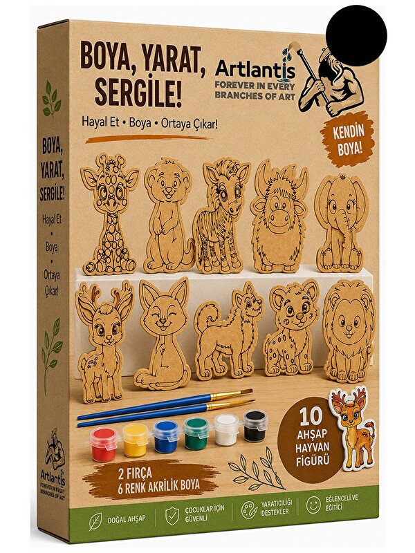 Artlantis Ahşap Boyama 10 lu 1 Paket 10x15cm Ahşap Boyama Figürü 6 Renk Boya ve Resim Fırçası