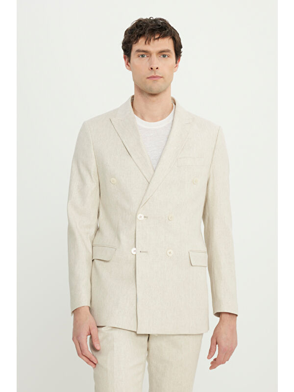 Altınyıldız Classics Erkek Bej Keten Slim Fit Dar Kesim Kırlangıç Yaka Desenli Torba Cepli Kruvaze Takım Elbise