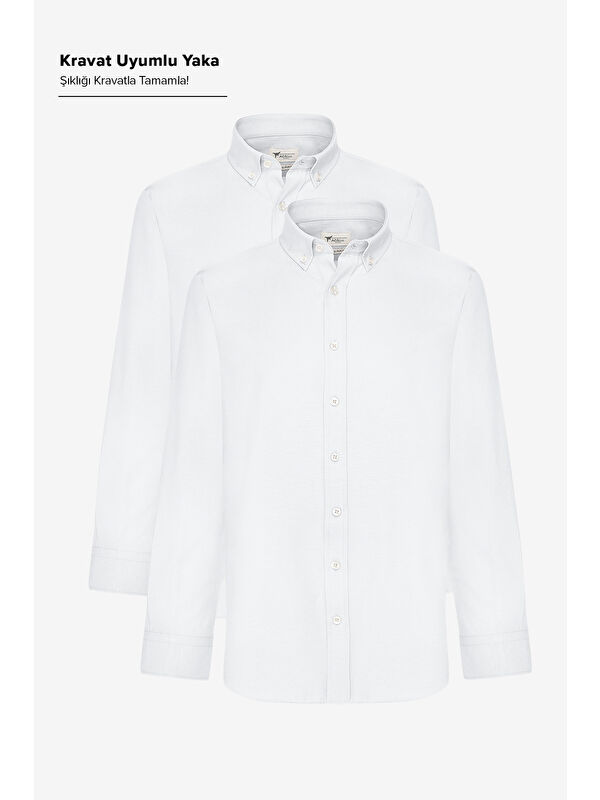 AC&Co / Altınyıldız Classics Erkek Beyaz 2'li Pamuklu Kolay Ütülenebilir Slim Fit Dar Kesim Oxford Gömlek Paketi