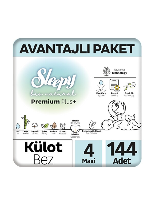 Sleepy Bio Natural Premium Plus Avantajlı Paket Külot Bez 4 Numara Maxi 144 Adet