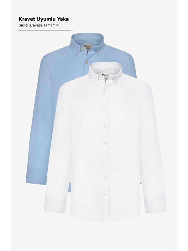 AC&Co / Altınyıldız Classics Erkek BEYAZ-MAVI 2'li Pamuklu Kolay Ütülenebilir Slim Fit Dar Kesim Oxford Gömlek Paketi