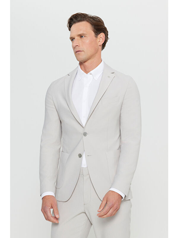 Altınyıldız Classics Erkek Bej Slim Fit Mono Yaka Torba Cepli Gofre Desenli Esnek Takım Elbise