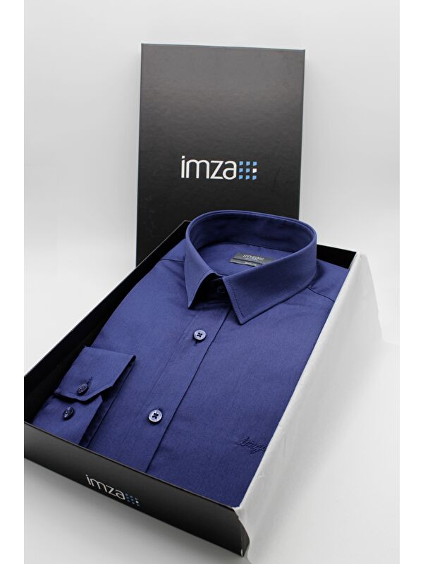 İMZA Lacivert Sert Yaka Cepsiz Slim Fit Classic Pamuklu Gömlek 1004255324