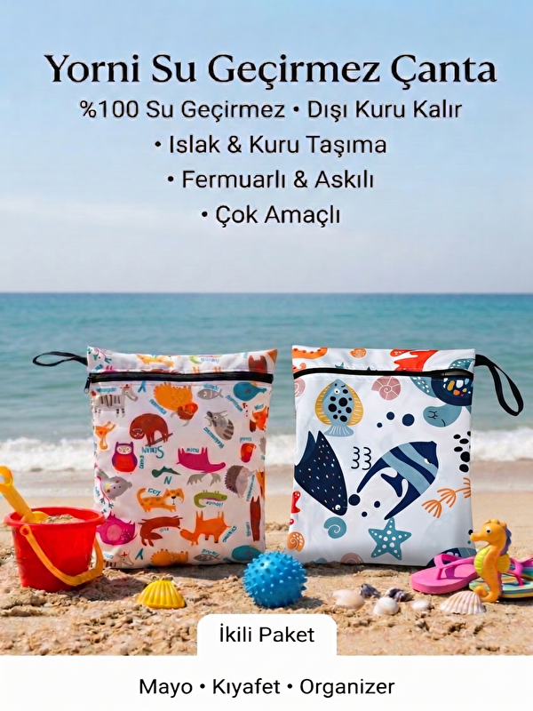 Yorni 2 Adet, 35x30 cm, Ocean ve Zoo Desen Sıvı Geçirmeyen Çok Amaçlı Çanta, Makinede Yıkanabilir