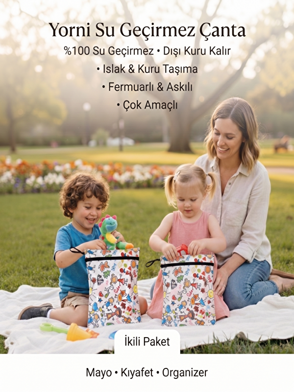 Yorni 2 ADET 30x37cm Family, Su Geçirmez, Fermuarlı Islak Mayo, Kirli Bez Taşıma Çantası, Çok Amaçlı Torba