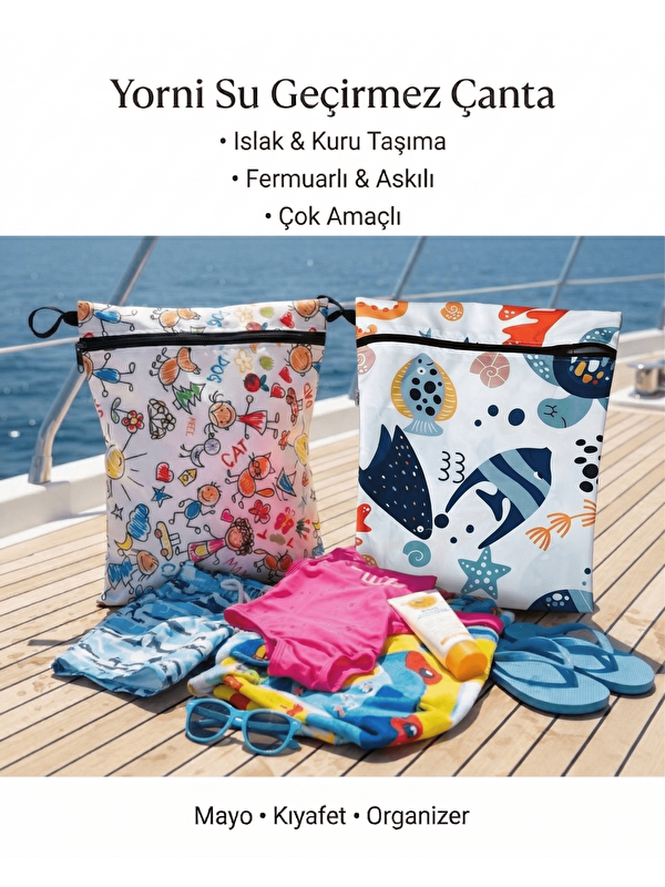 Yorni 2 Adet, 35x30 cm, Ocean ve Family Desen Sıvı Geçirmeyen Çok Amaçlı Çanta, Makinede Yıkanabilir