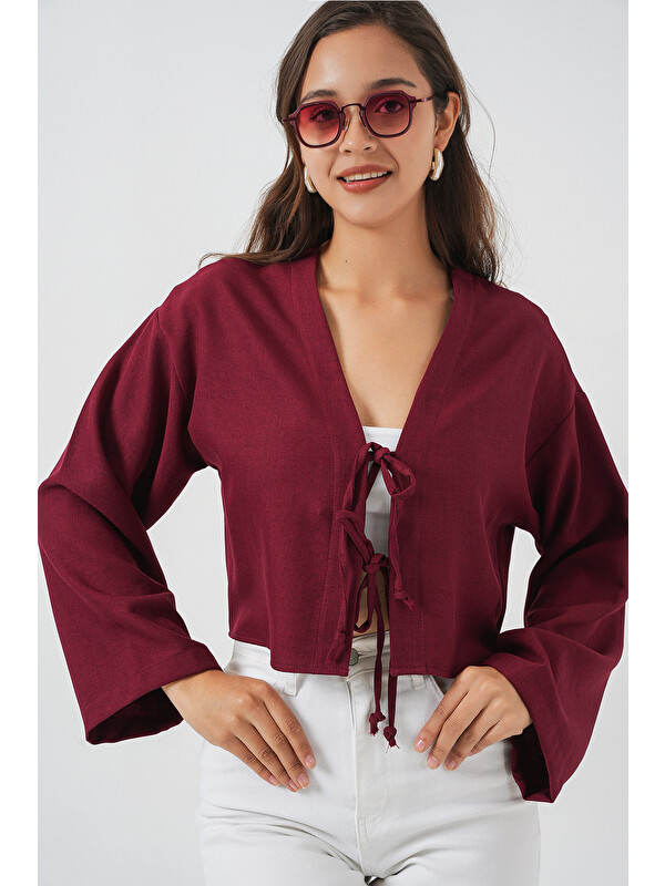 Bigdart Önü Bağlamalı Keten Kimono 960 - Bordo