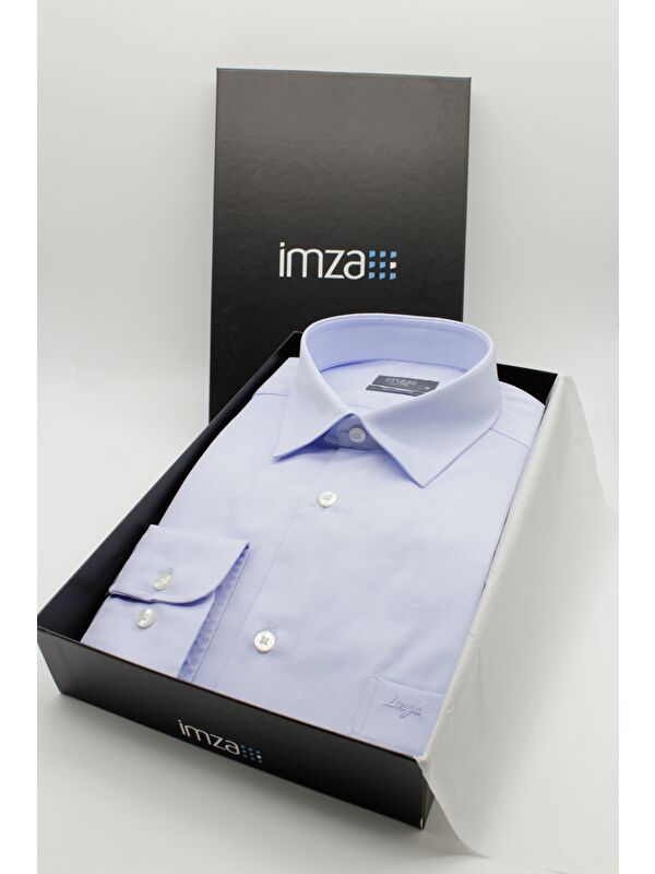 İMZA Mavi Sert Yaka Cepli Comfort Fit Classic Pamuklu Gömlek 1004255323