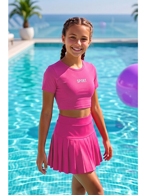 Haliç Mayo Kısa Kol Üst Şortlu Etekli Kız Çocuk Yüzücü Mayo 26604 Neon Pembe