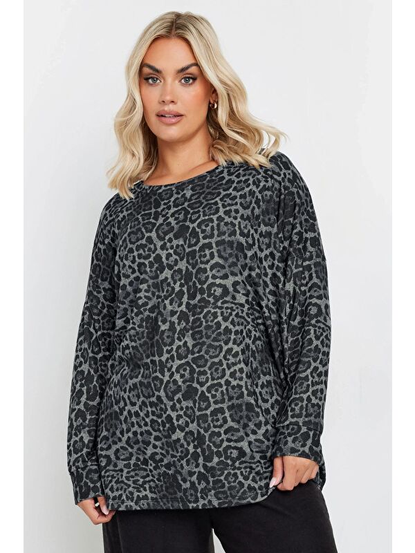 Stil Diva Büyük Beden Bisiklet Yaka Uzun Kollu Leopar Desenli Bluz 322186