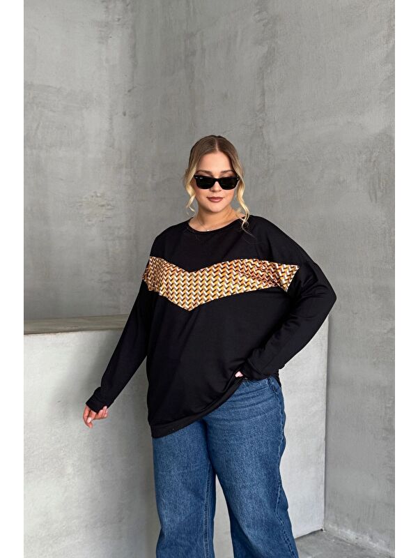 Stil Diva Büyük Beden Bisiklet Yaka Uzun Kollu Önü Baskılı Sweatshirt 300282
